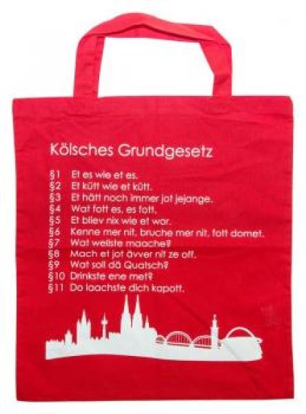 Baumwolltasche in rot mit kölschem Grundgesetz und Kölner Skyline